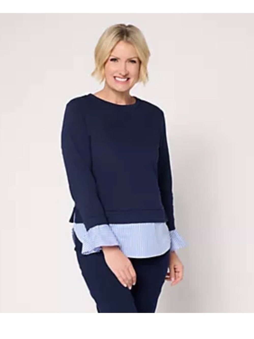 Susan Graver Weekend French Terry Navy Layered-Look Top with Stripe Trim